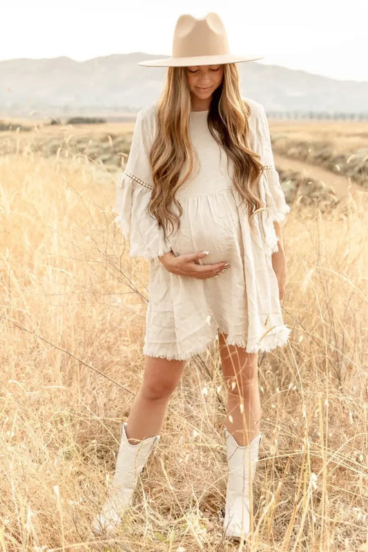 Beige Raw Edge Bell Sleeve Babydoll Maternity Dress PinkBlush