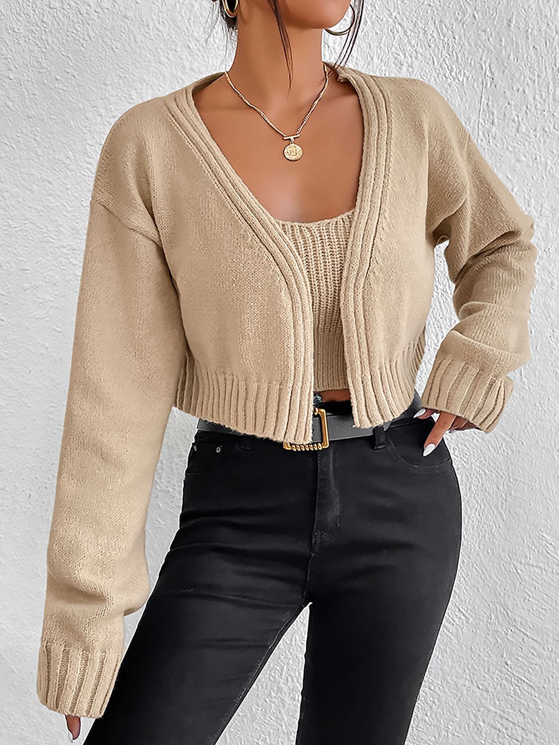 Plain Sweater Cami and Cardigan Set.