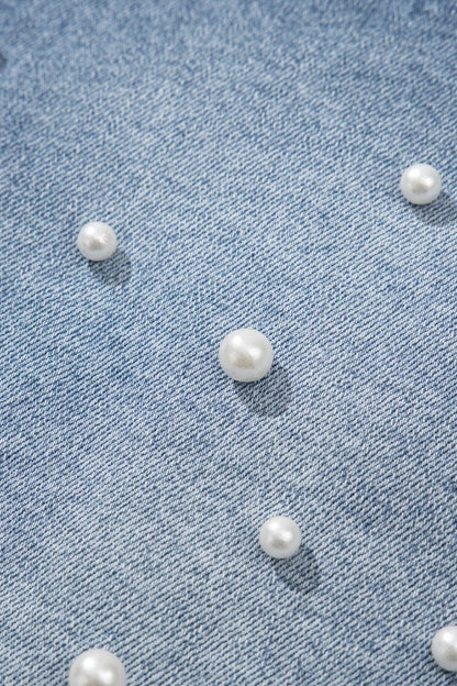Pearl Beaded Raw Hem Wash Denim Shorts