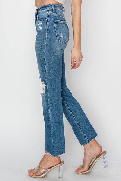 RISEN High Rise Distressed Ankle Jeans.