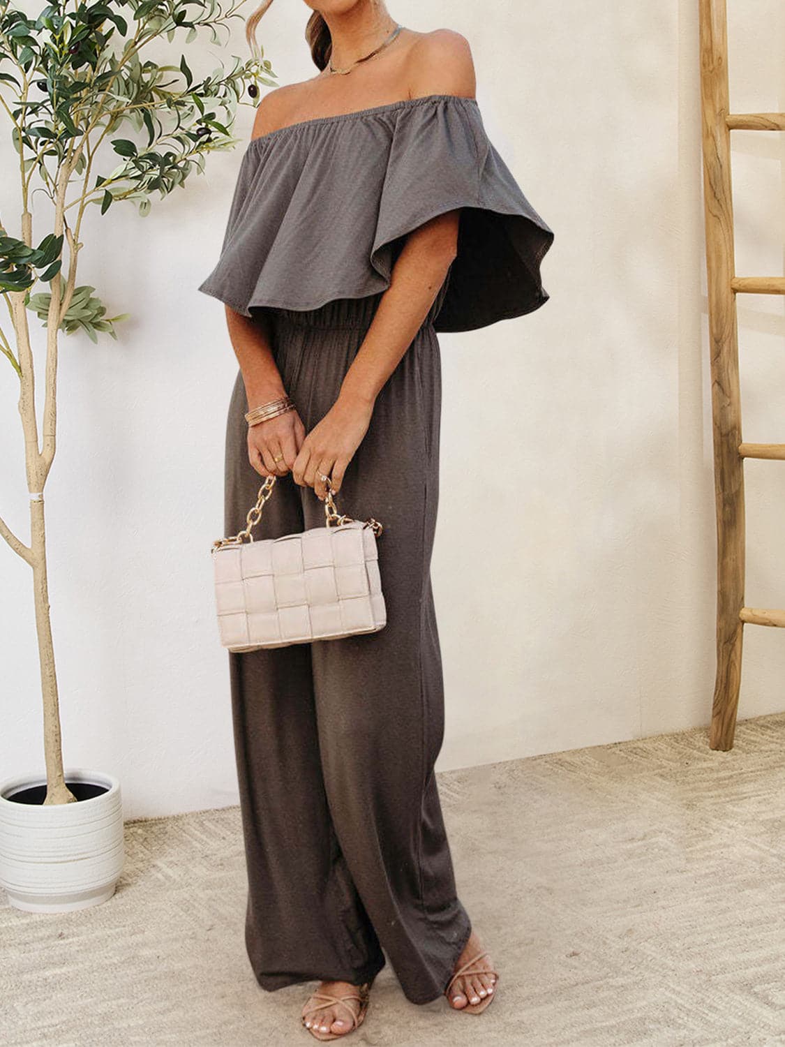 Ruffled Off-Shoulder Jumpsuit.