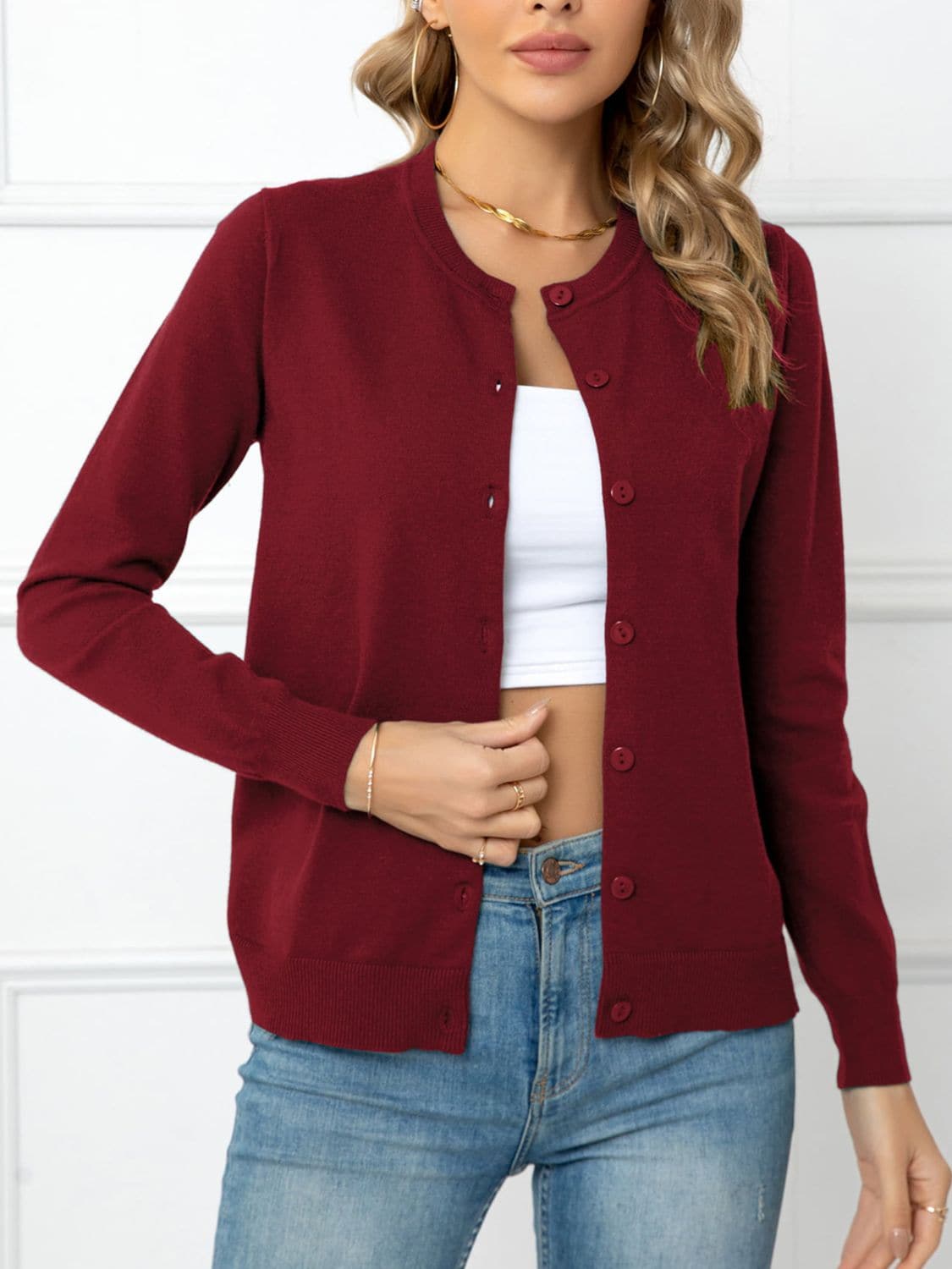 Button Down Round Neck Cardigan.