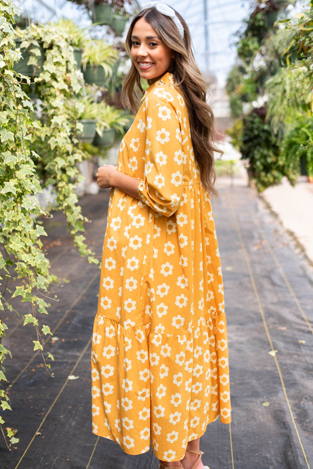 Charming floral collared maxi dress with button detail and bracelet sleeves