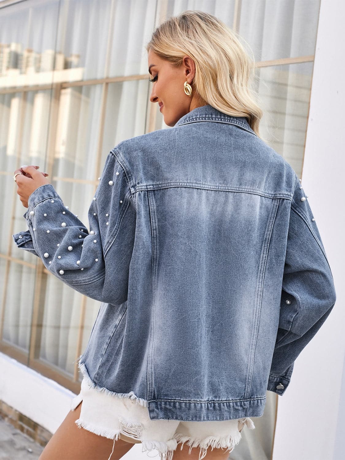 Pearl Trim Raw Hem Denim Jacket.