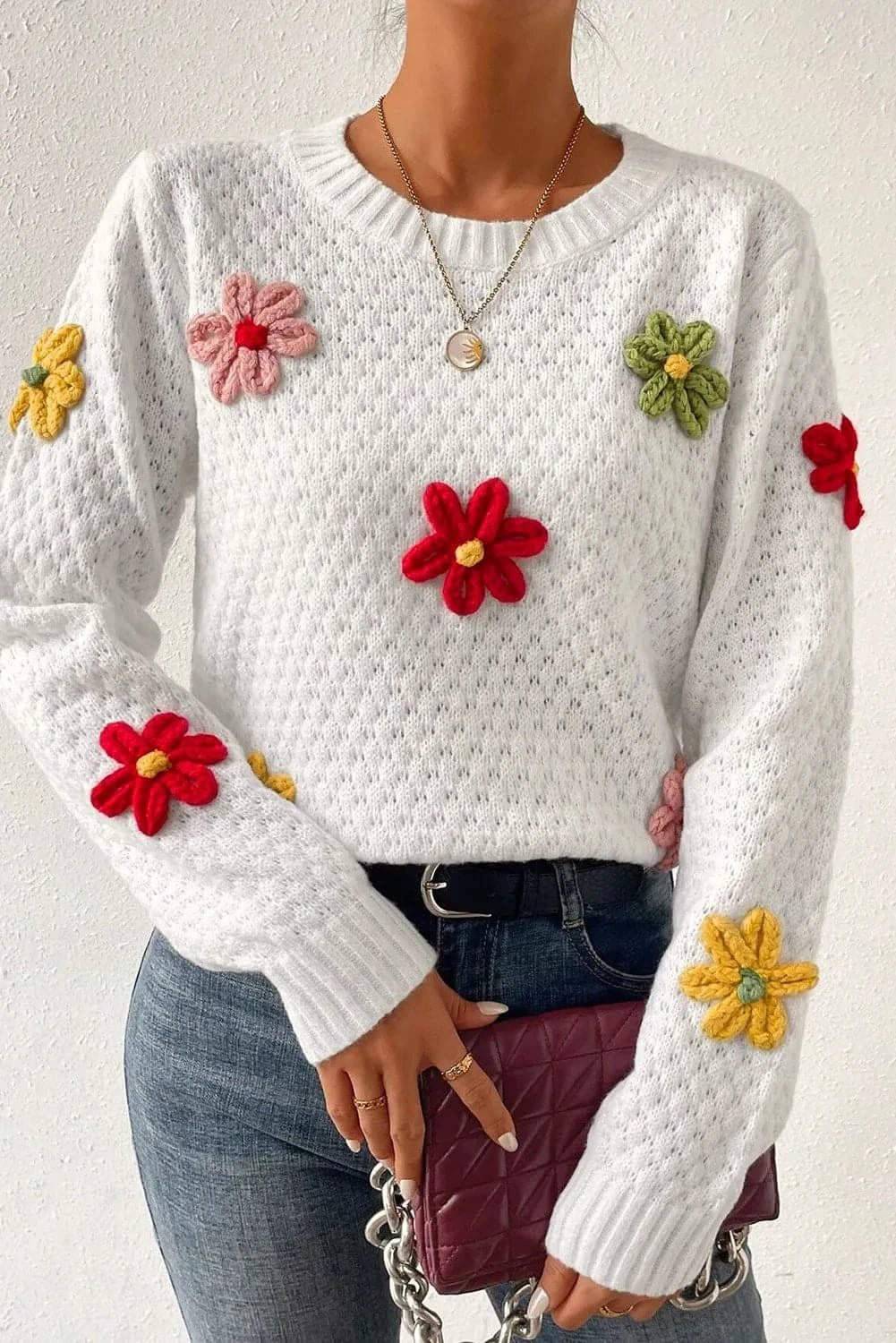 Floral crochet round neck knit sweater