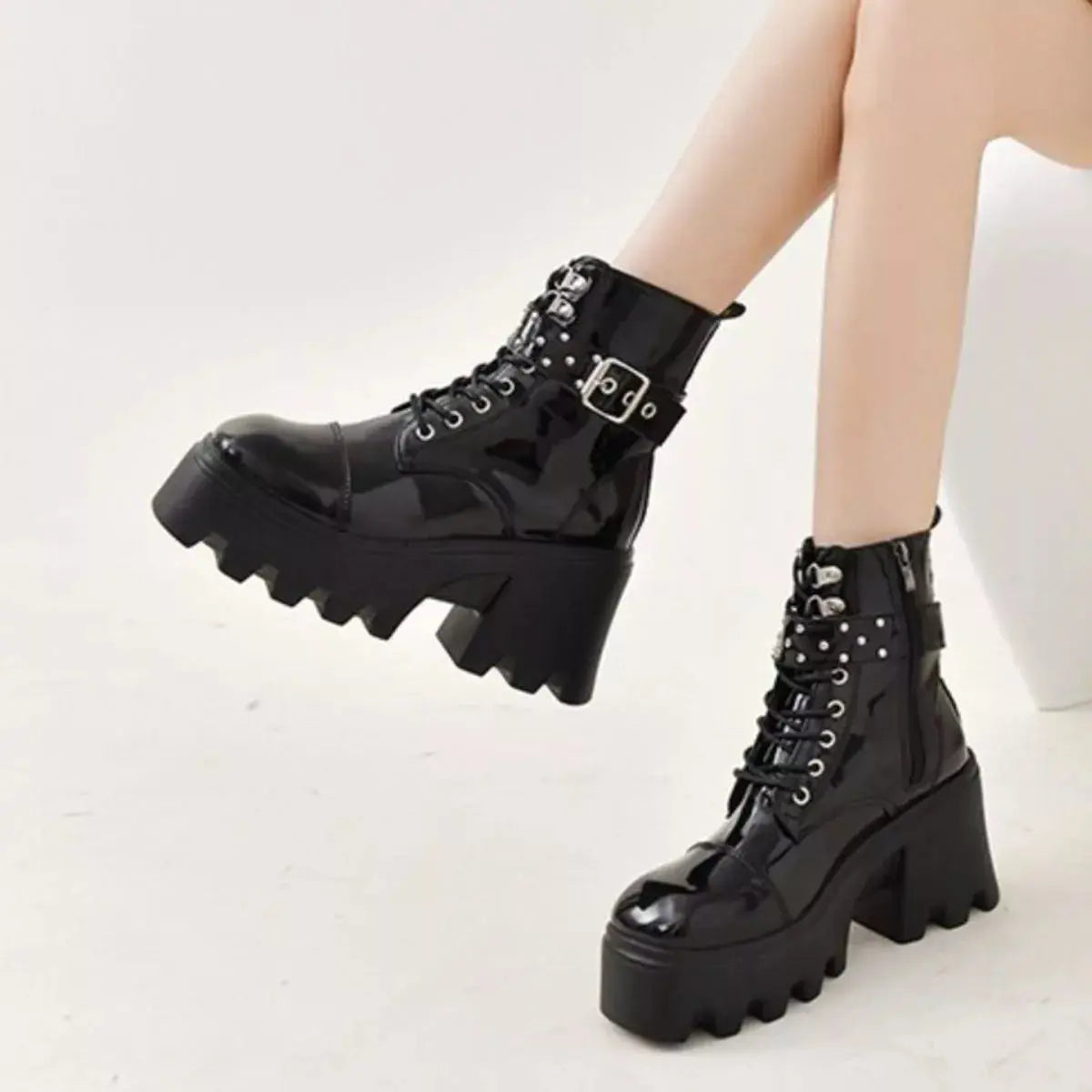 Platform Ankle Boots with Buckle and Studded Detail Simply Love