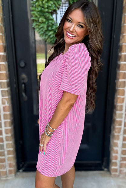 Blossom Corded Crew Neck Puff Sleeve Mini Dress