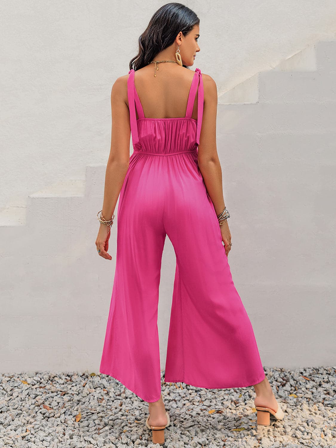 V-Neck Wide Strap Slit Jumpsuit.