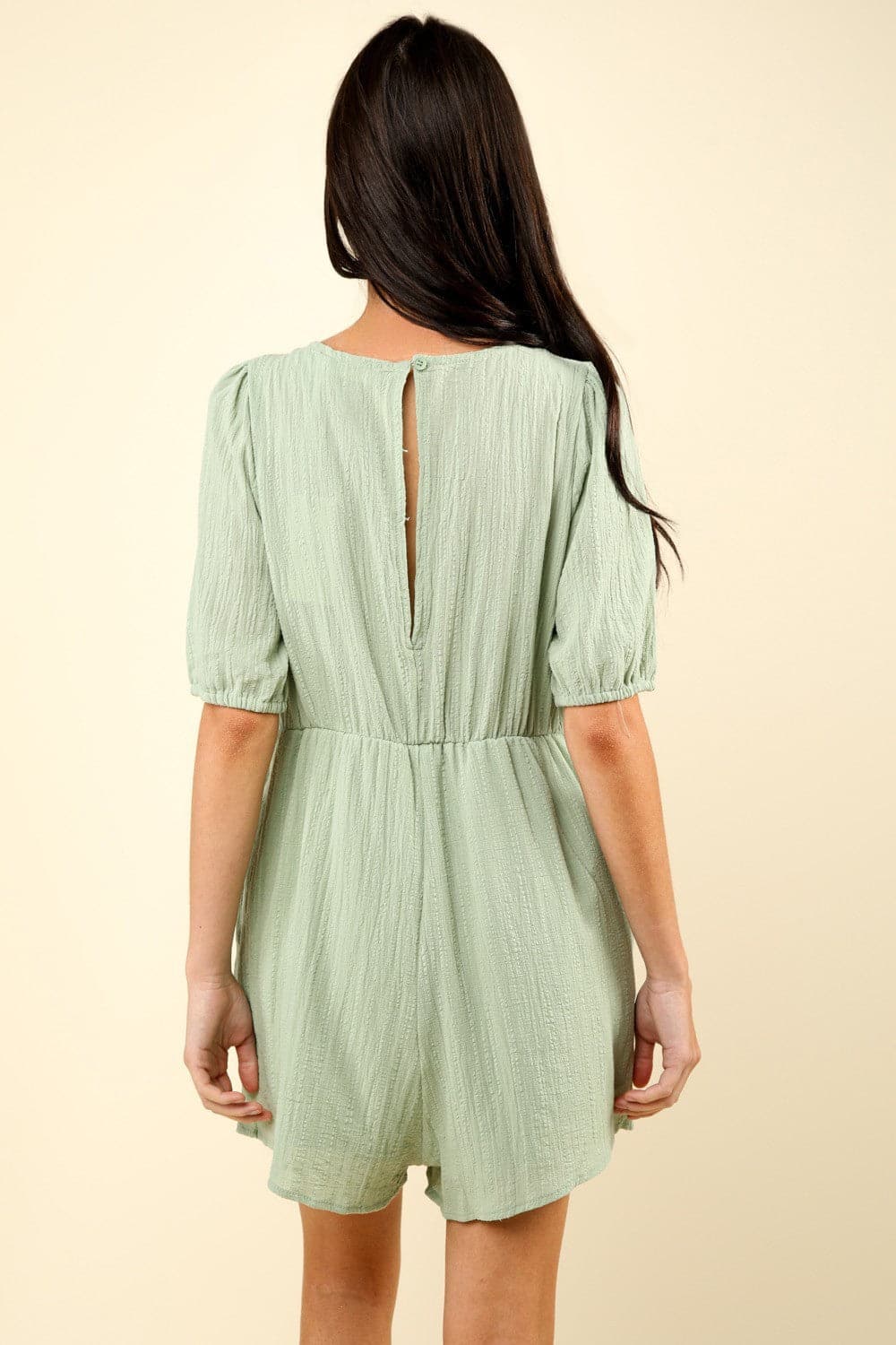 VERY J Lace Detail Puff Sleeve Romper with Pockets.