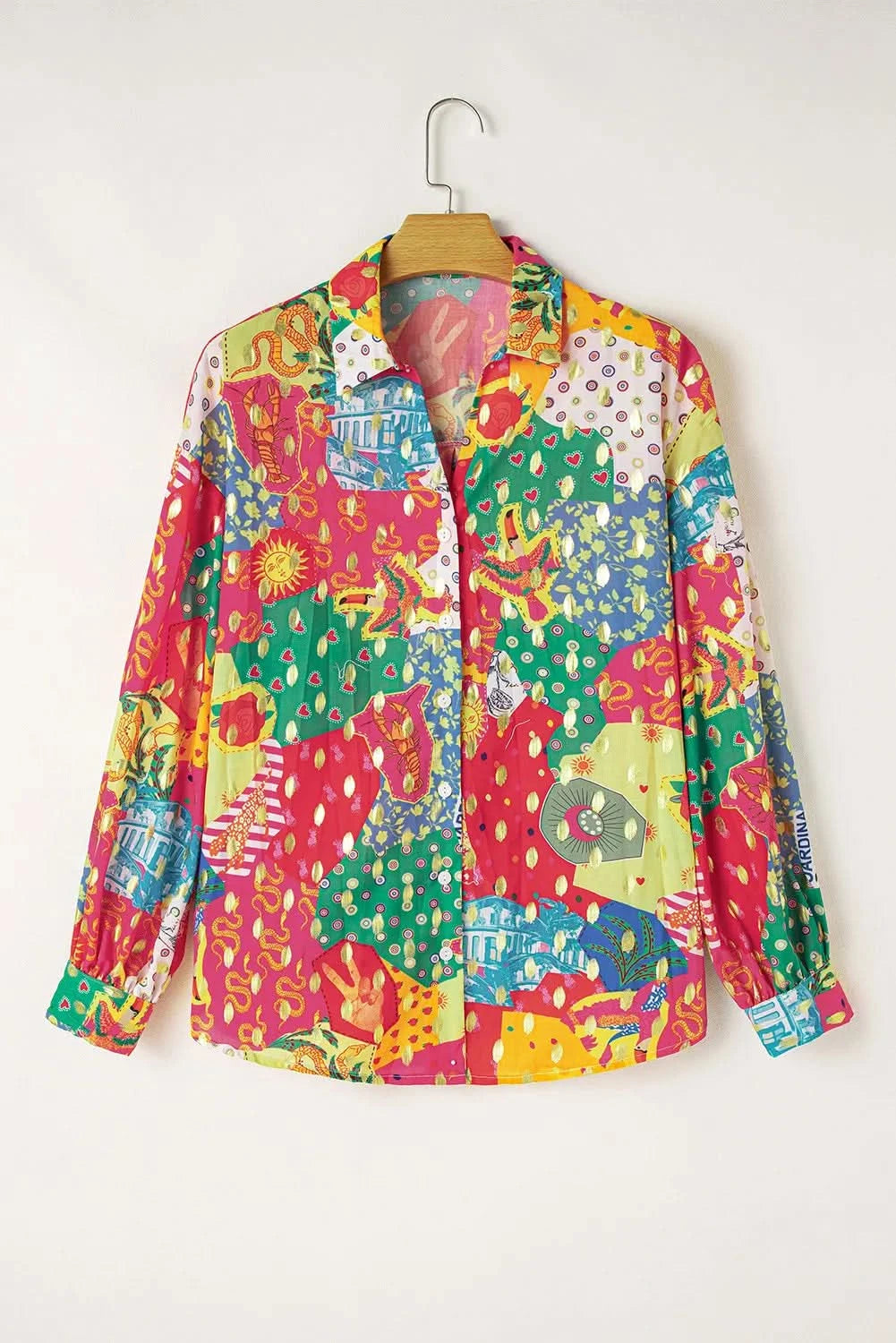 Collared Long Sleeve Printed Blouse