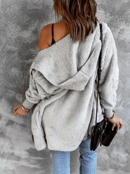 Open Front Hooded Faux Fur Outwear with Pockets.