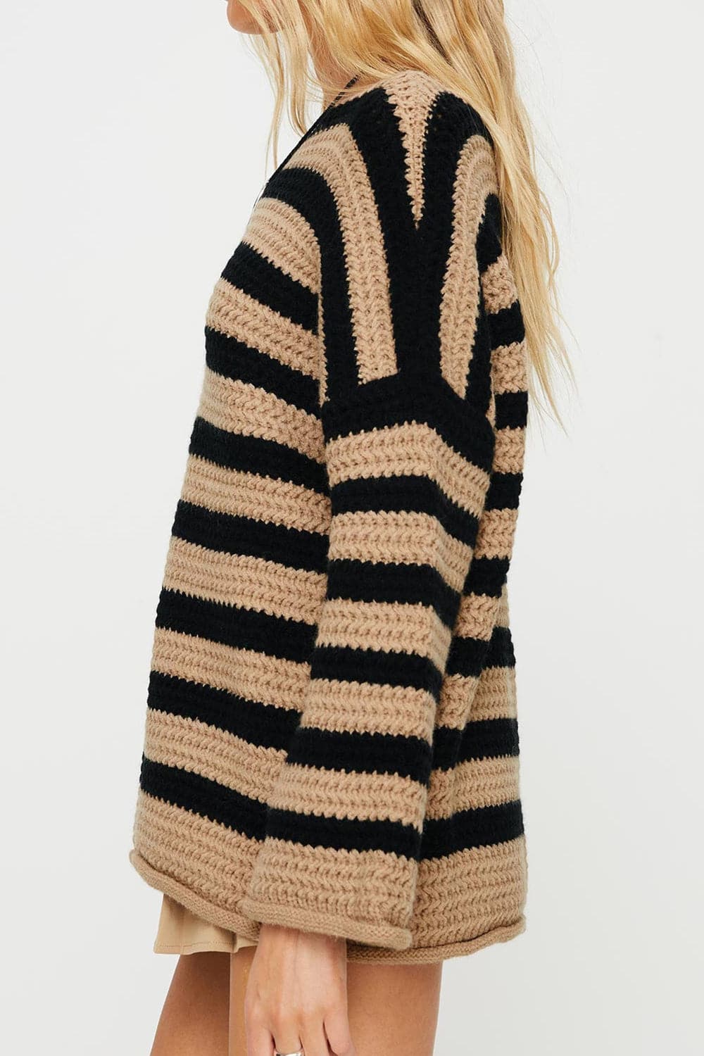 Striped Round Neck Dropped Shoulder Sweater.