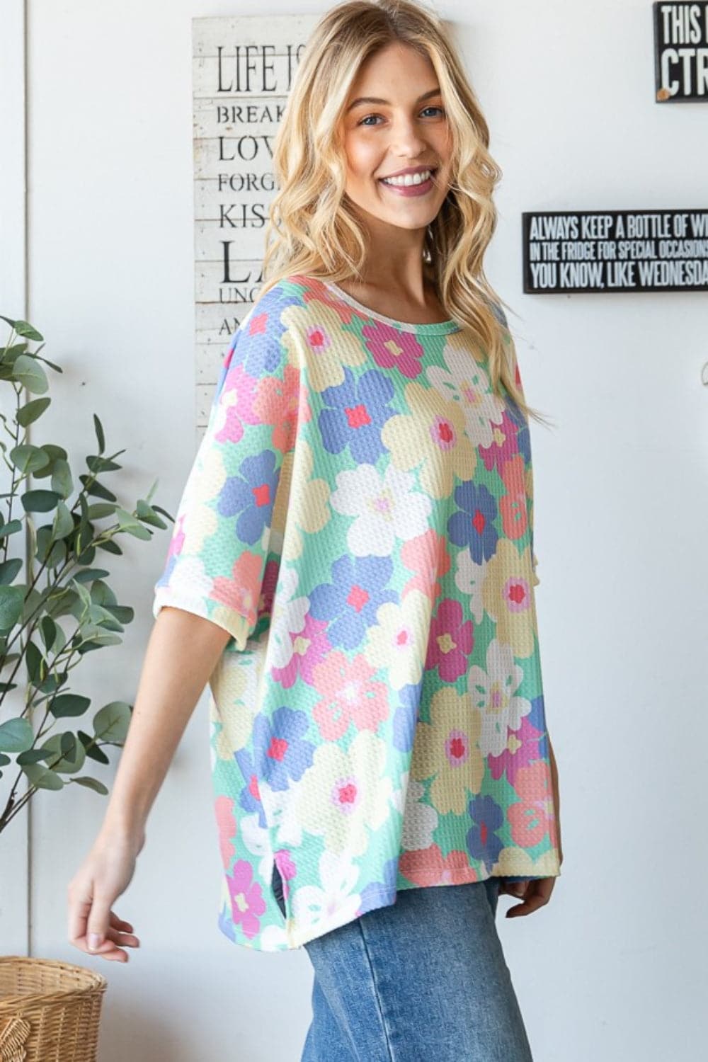 HOPELY Floral Waffle Oversized T-Shirt.