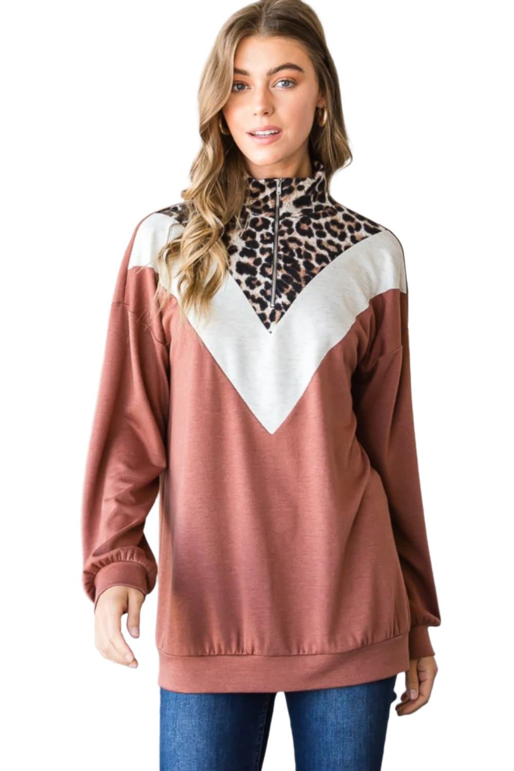 Leopard print quarter zip mock neck sweatshirt for bold fashion statements