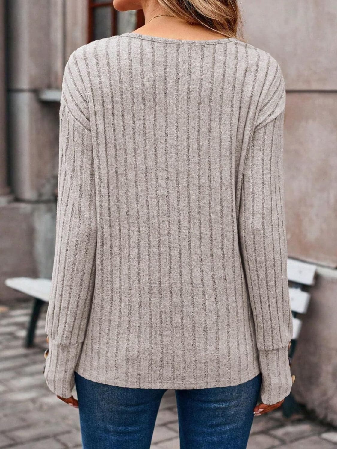 Ribbed V-Neck Long Sleeve T-Shirt.