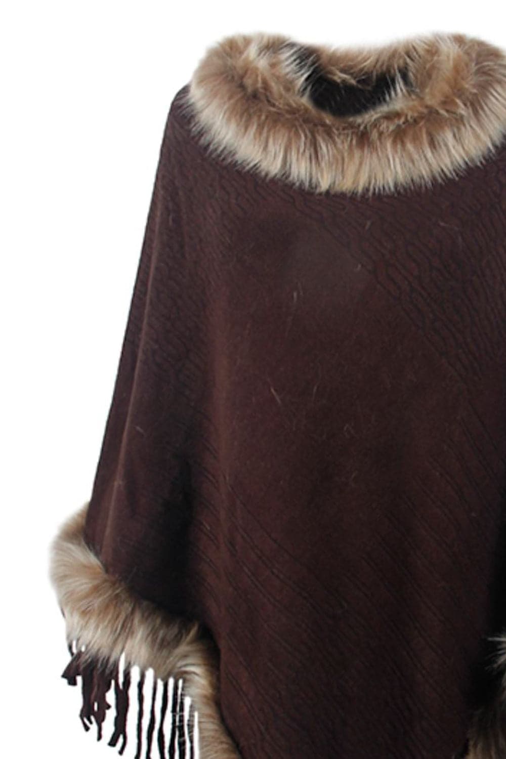 Faux Fur Trim Fringed Poncho.