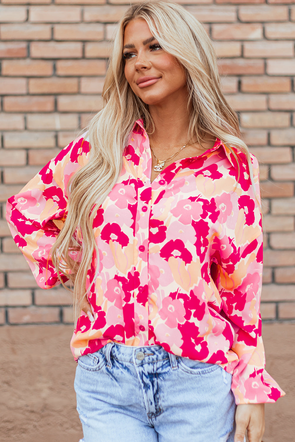 Chic pink floral puff sleeve shirt