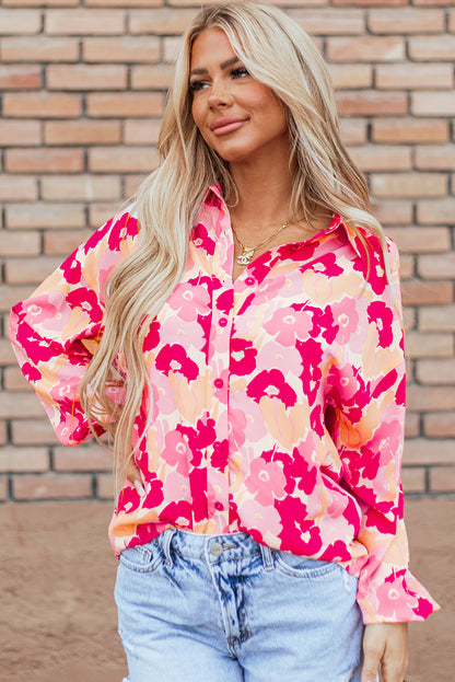 Chic pink floral puff sleeve shirt