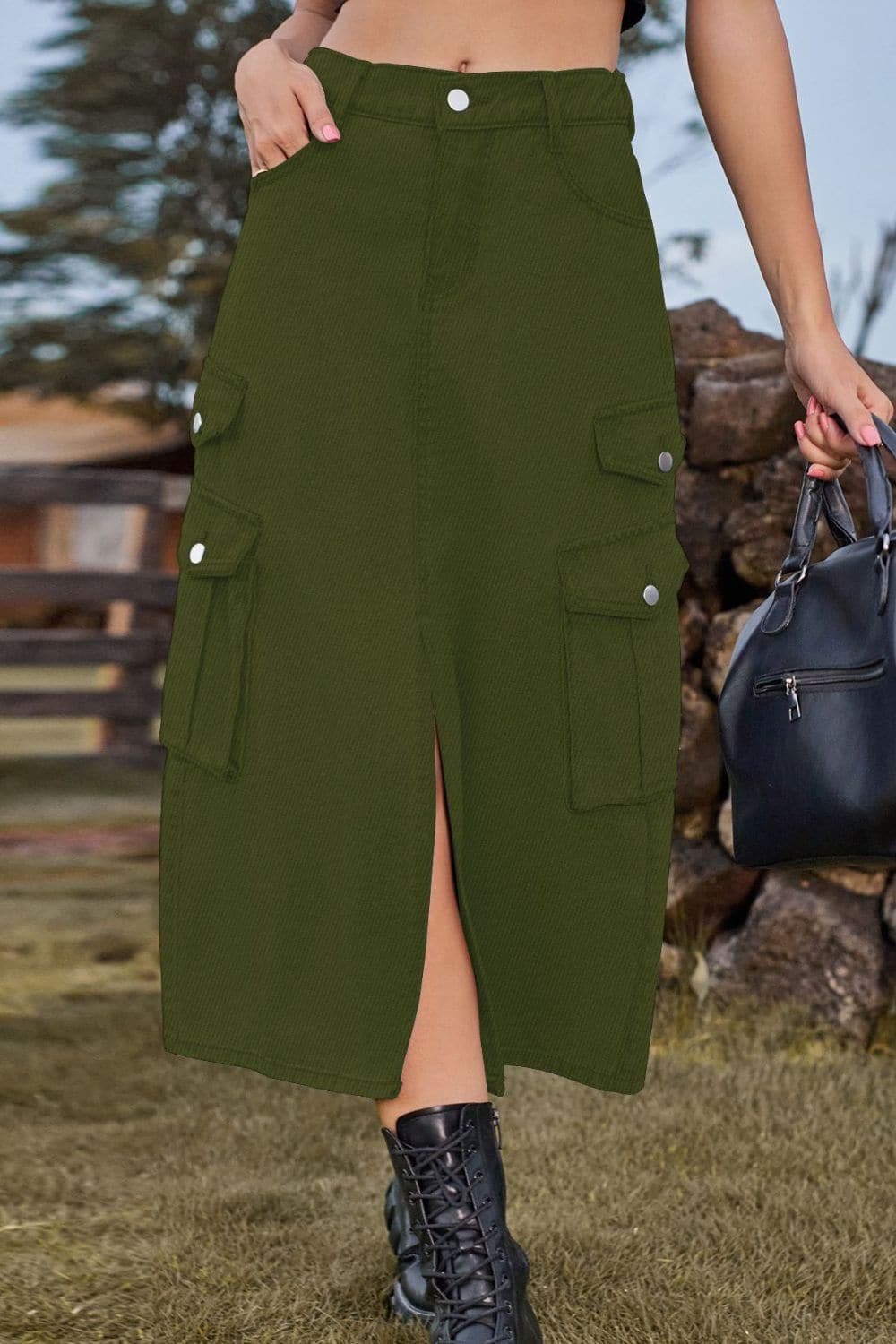 Slit Front Midi Denim Skirt with Pockets.