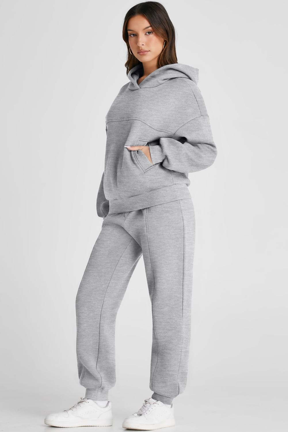 Dropped Shoulder Long Sleeve Hoodie and Pants Active Set.