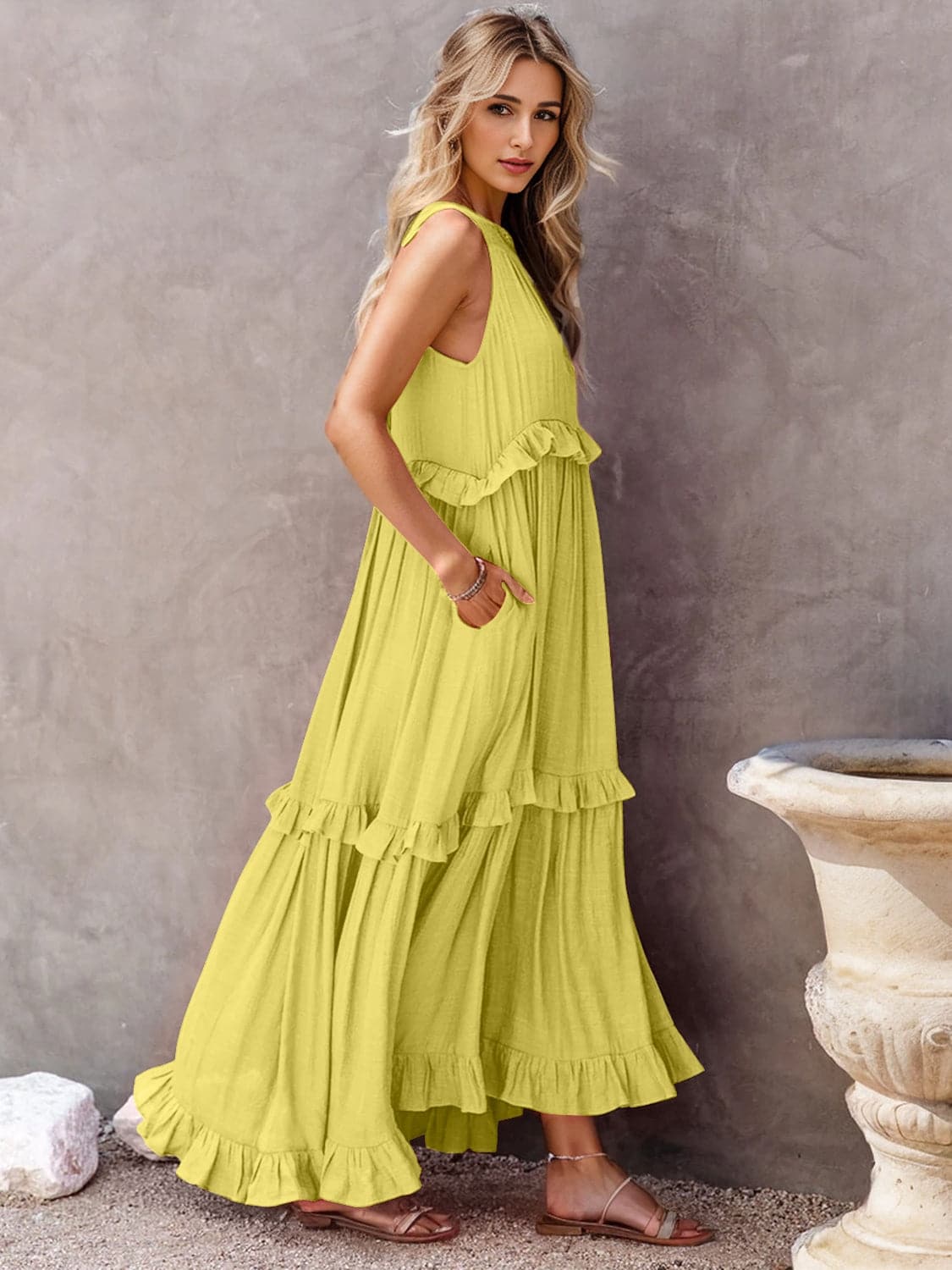 Ruffled Sleeveless Tiered Maxi Dress with Pockets.