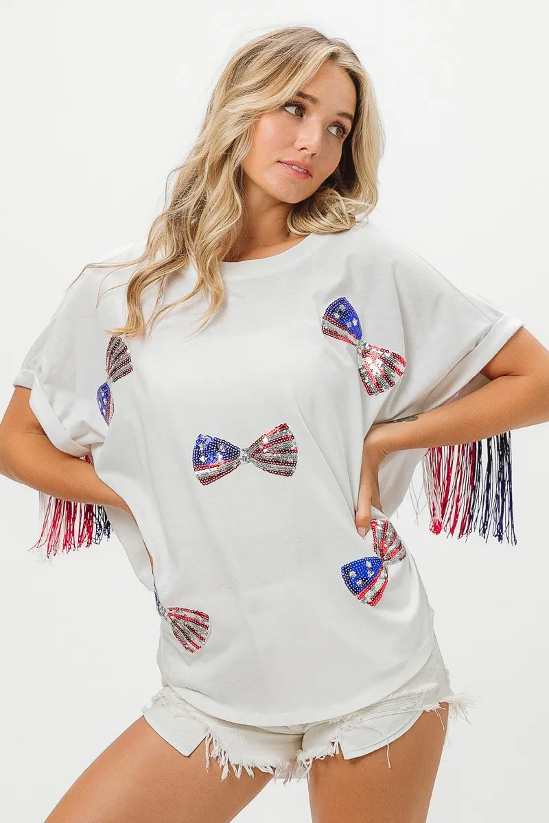 BiBi American Flag Sequin Ribbon T-Shirt - Love Salve 
