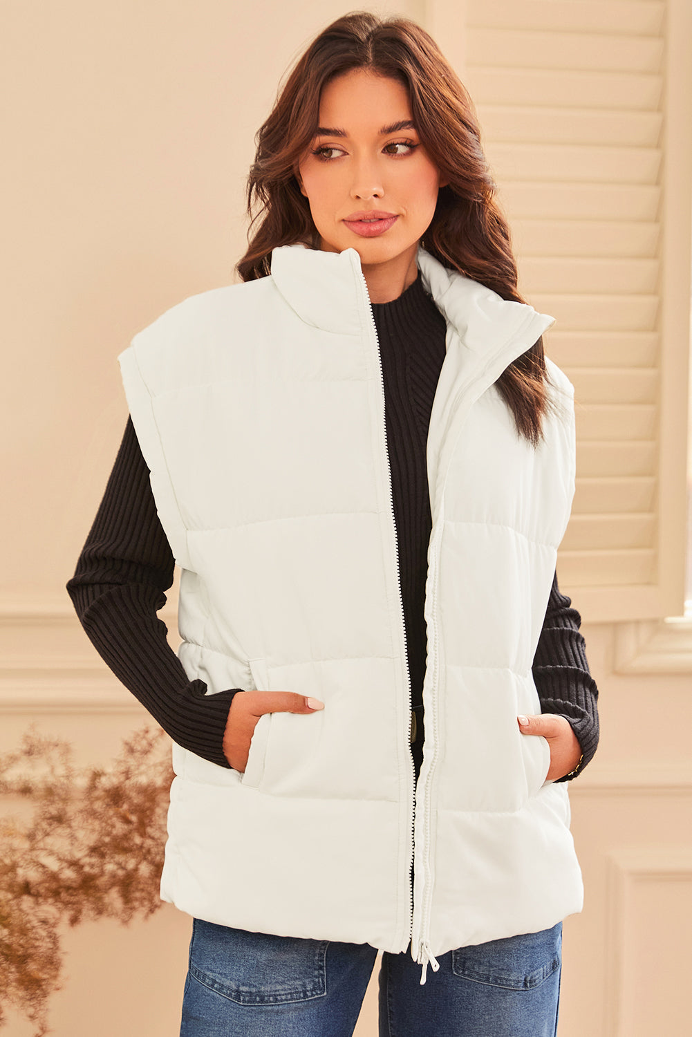 Beige Oversized Puffer Vest with Stand Neck and Zipper Closure