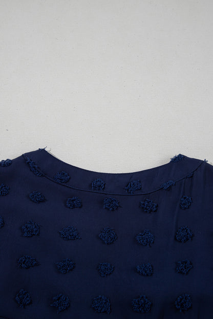 Navy Blue Dotty Textured Notched Neck Plus Ruffled Dress