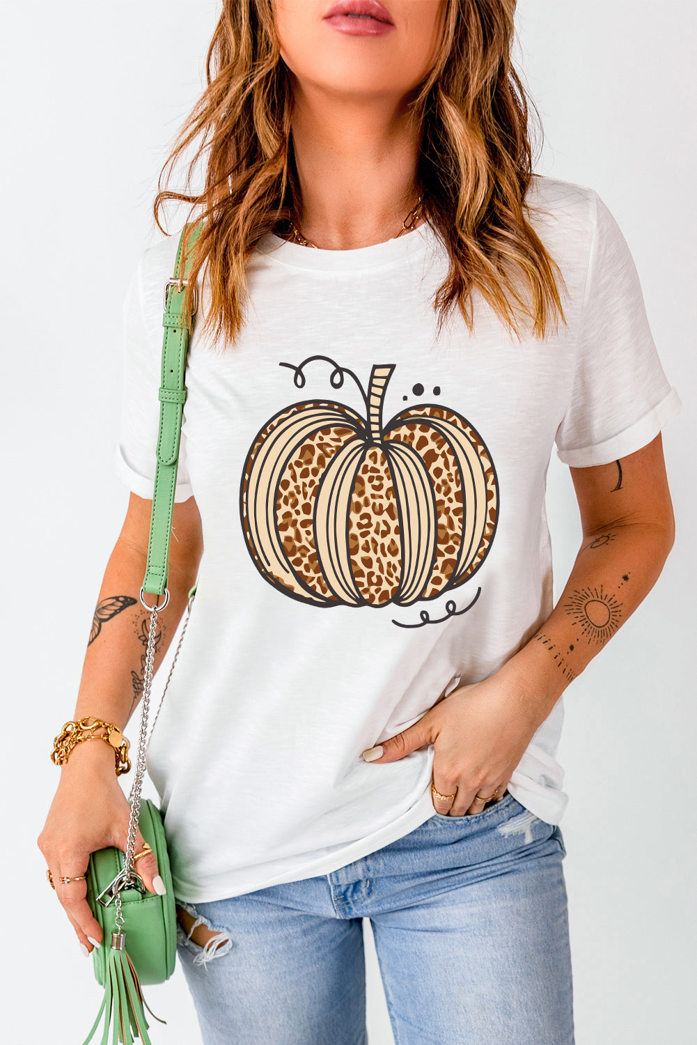 Leopard print pumpkin graphic crewneck Halloween tee