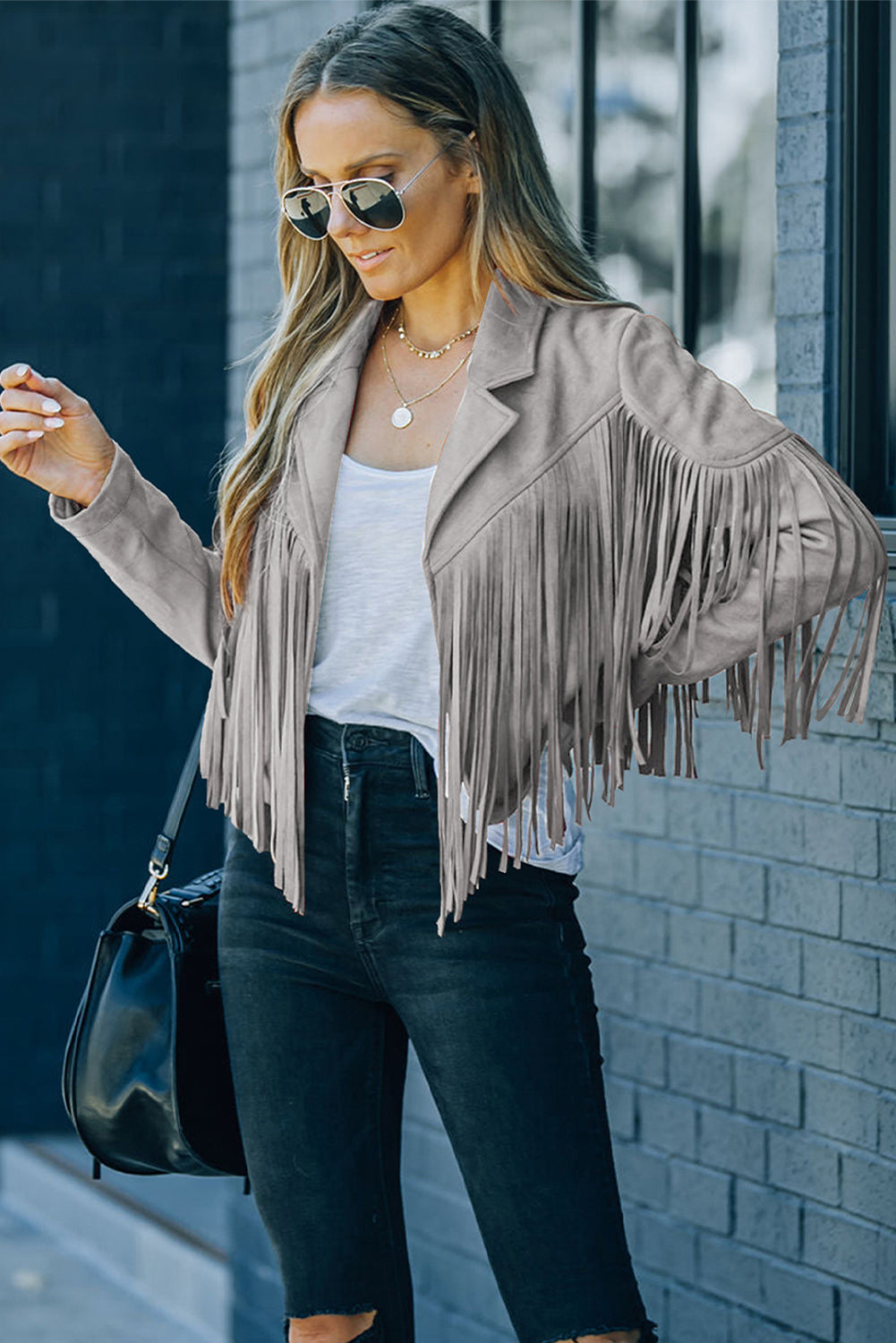 Gray Cropped Fringe Faux Suede Jacket For Women Lightweight Casual Dear-Lover Dropshipping