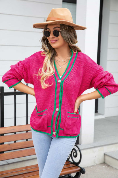 Waffle Knit V-Neck Cardigan with Pocket.