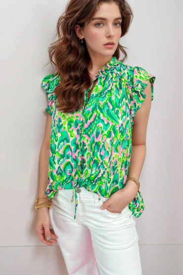 Abstract Print Ruffled Trim Tie Neck Top - Product detail view by Simply Love