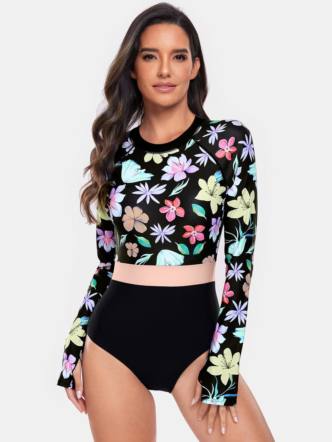 Flower Round Neck Long Sleeve One-Piece Swimwear.