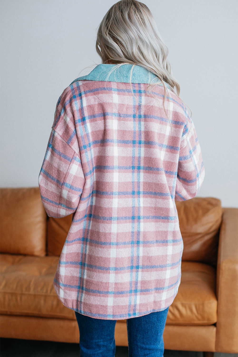 Pink plaid color block shacket with collared flap pockets