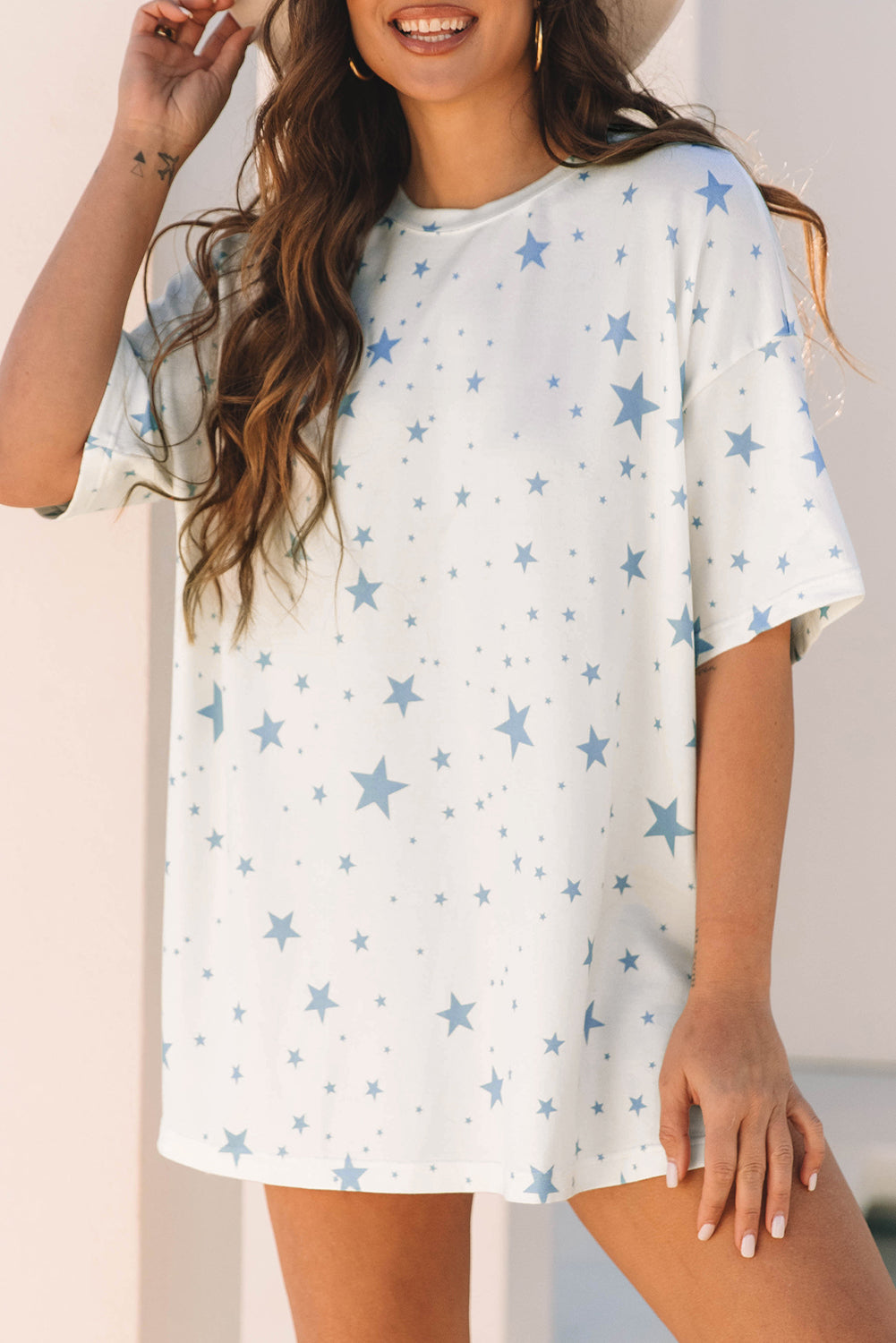 Sky Blue Stars Print Drop Shoulder Oversized T Shirt