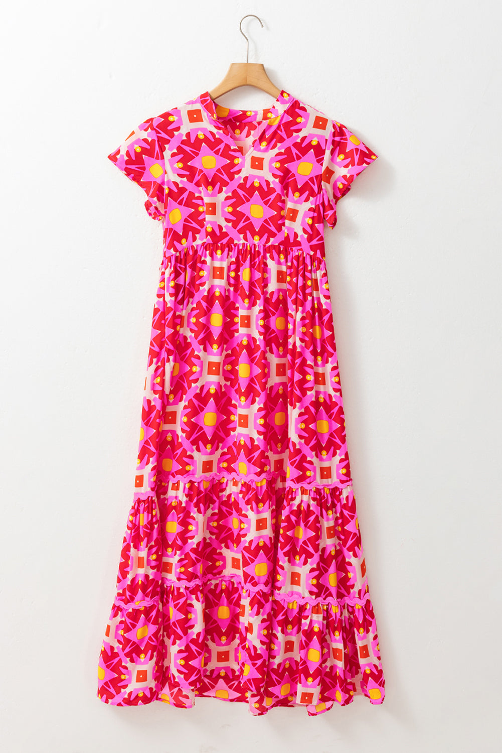 Vibrant strawberry pink geo print maxi dress with V-neckline