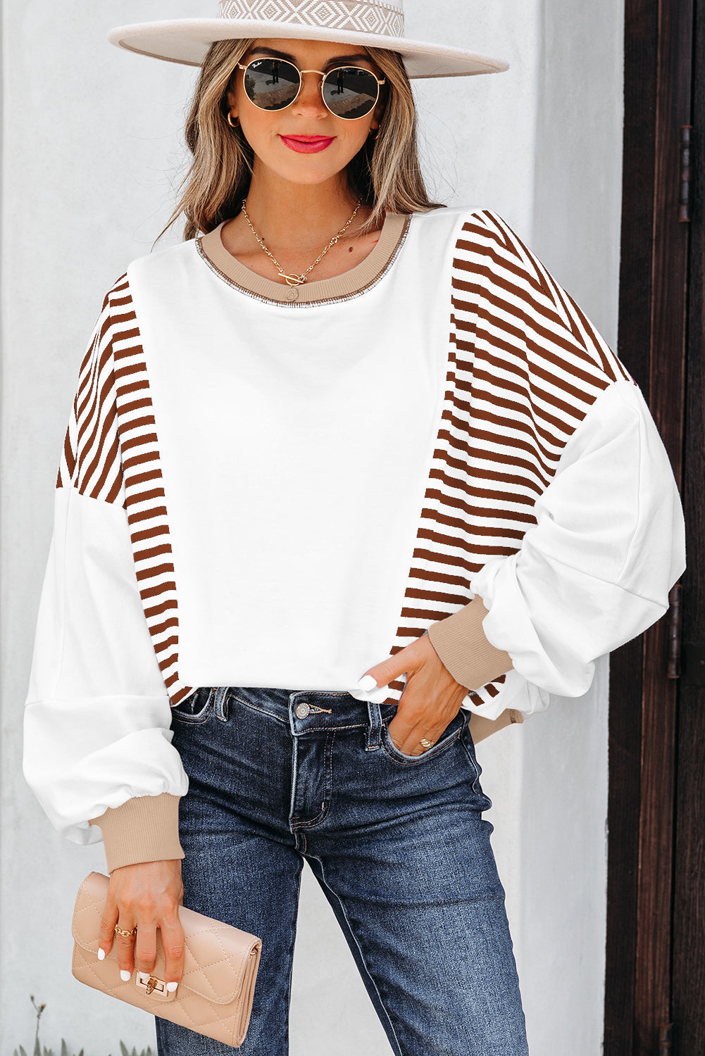 Brown Stripe Colorblock Patchwork Oversize Sweatshirt Dear-Lover Dropshipping
