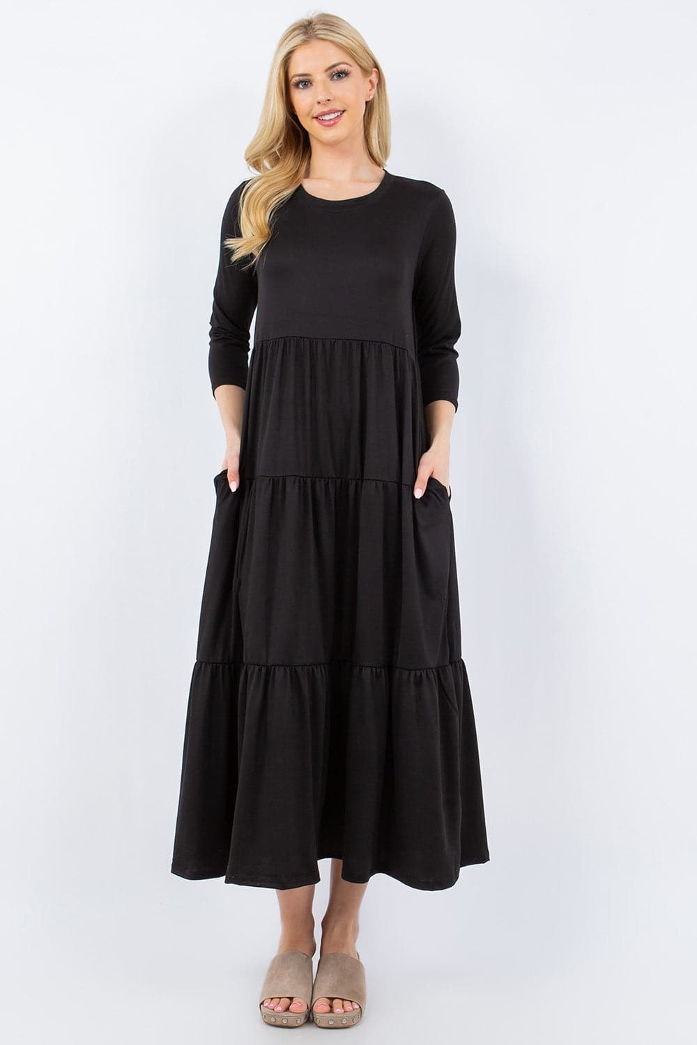 Celeste Full Size Tiered Midi Dress with Pockets.