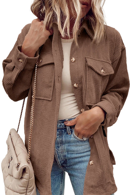 Cozy chestnut corduroy button-up shacket with flap pockets