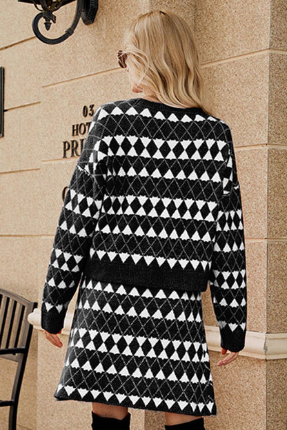 Geometric Dropped Shoulder Cardigan and Knit Skirt Set.