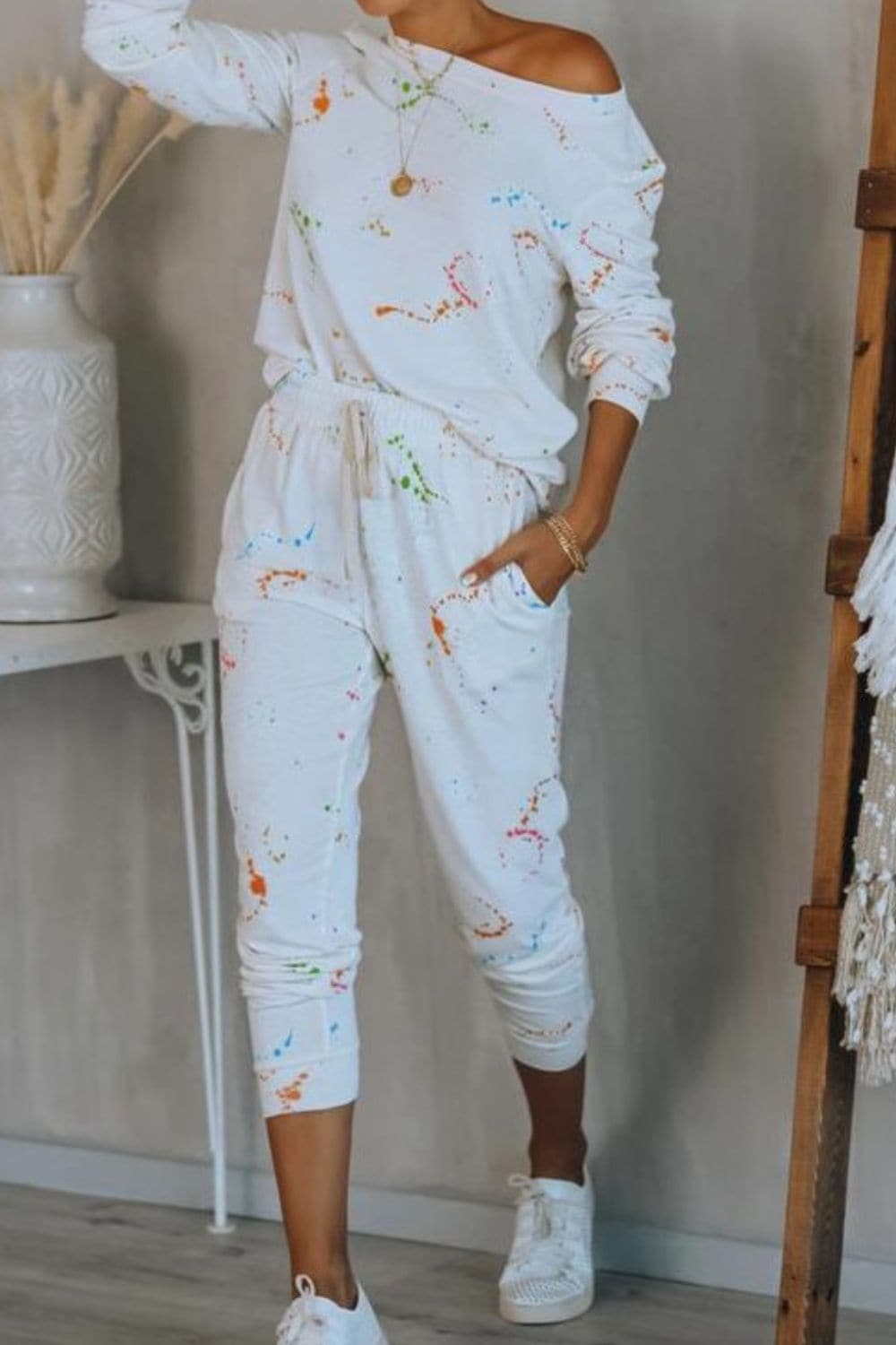 Splatter Print Round Neck Top and Drawstring Pants Set.