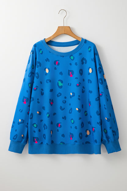 Sky blue leopard print drop shoulder pullover for effortless style