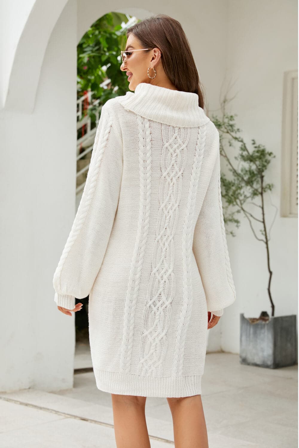 Woven Right Mixed Knit Turtleneck Lantern Sleeve Sweater Dress.