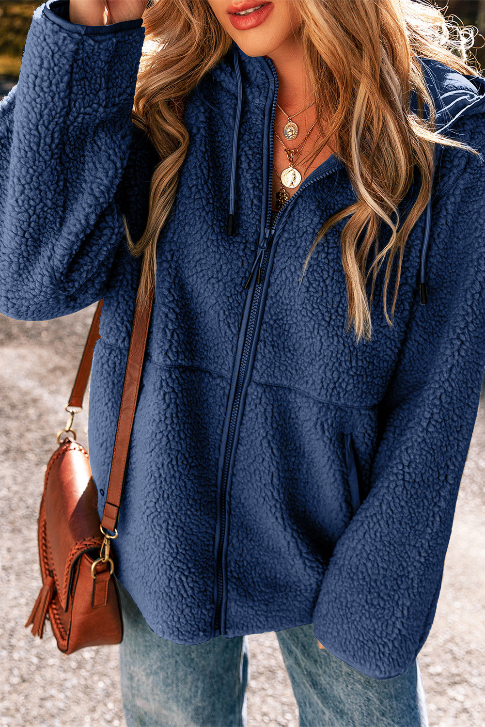 Navy Blue Fleece Zip Up Hooded Jacket With Front Pockets