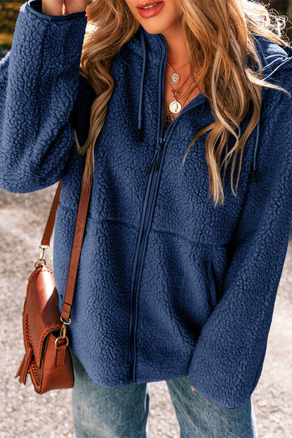 Navy Blue Fleece Zip Up Hooded Jacket With Front Pockets
