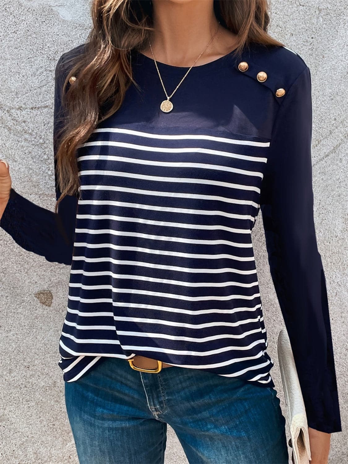 Decorative Button Striped Round Neck Long Sleeve T-Shirt.