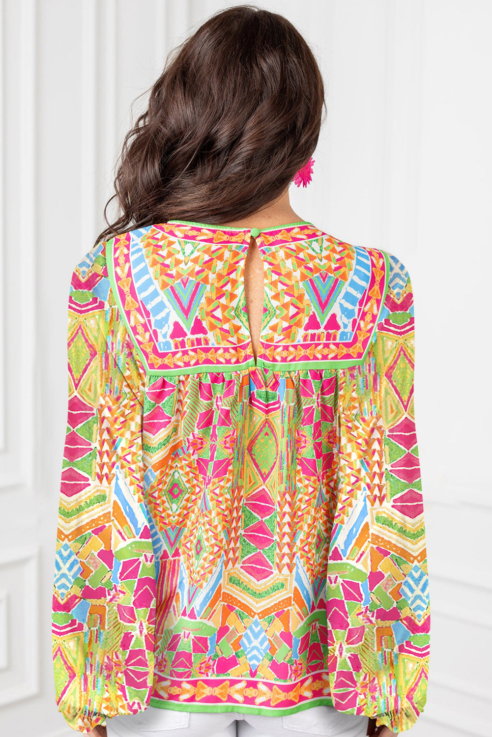 Chic orange geometric long sleeve blouse with keyhole back detail