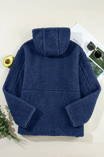 Navy Blue Fleece Zip Up Hooded Jacket With Front Pockets