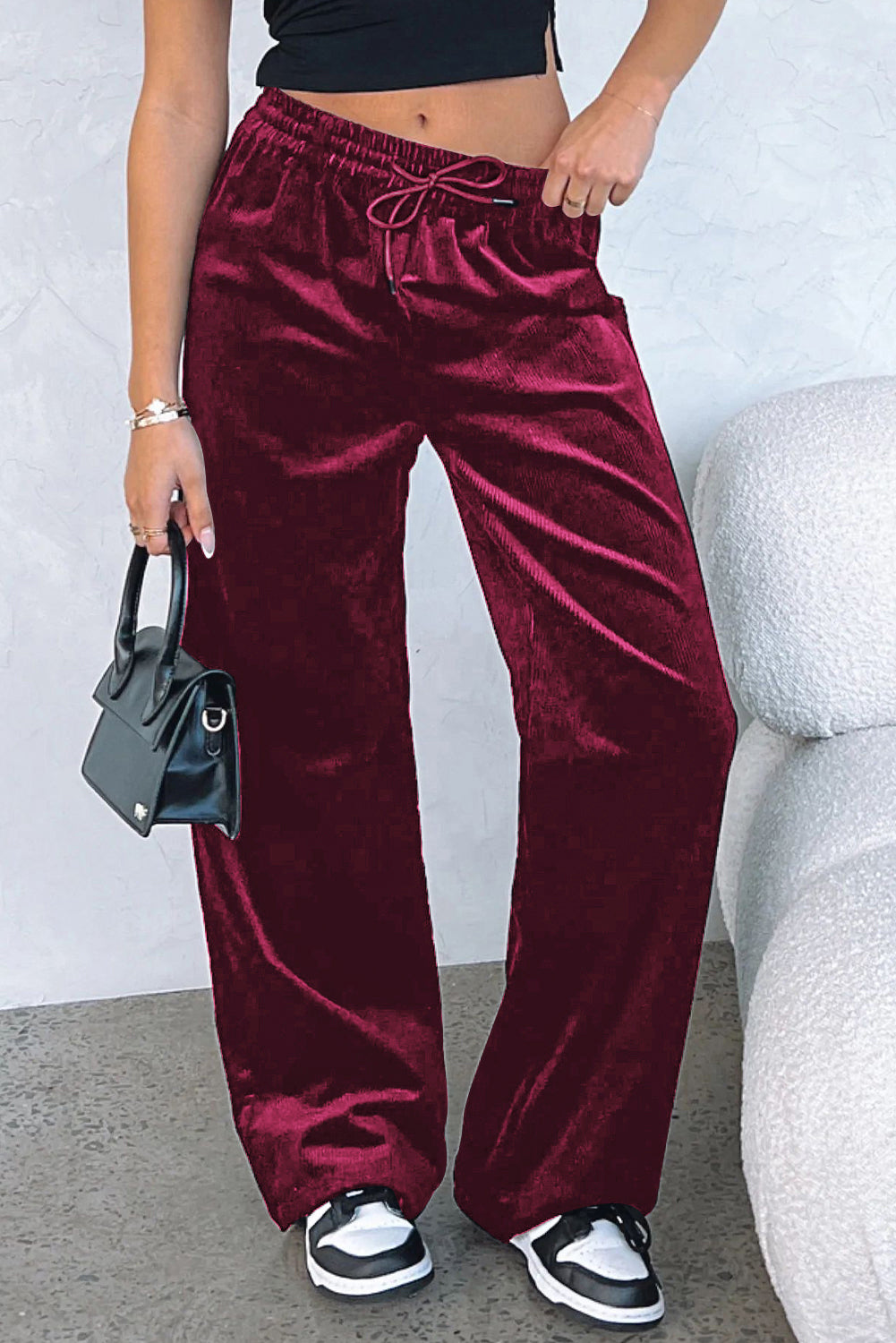 Chic burgundy wide leg pants with adjustable drawstring waist