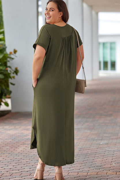 Vibrant Green Plus Size V-Neck Maxi Dress with Rolled Cuffs and Pockets